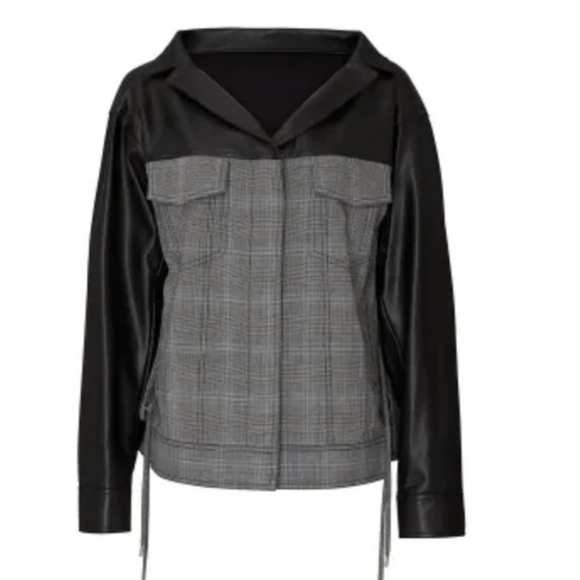 ADEAM Oversized Ruched Jacket Gray Plaid with faux Leather Sleeves - Picture 1 of 9